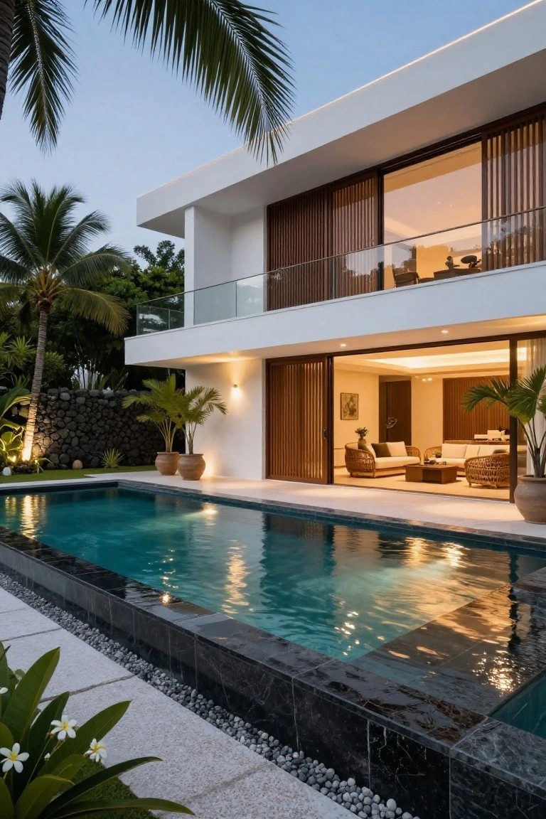 Modern white two-story house exterior with vertical wood slat screens over large glass walls and balcony, open sliding doors to indoor living area with furniture, turquoise infinity-edge pool with black stone coping, tropical palms, potted plants, lava rock wall, and poolside decking at dusk.