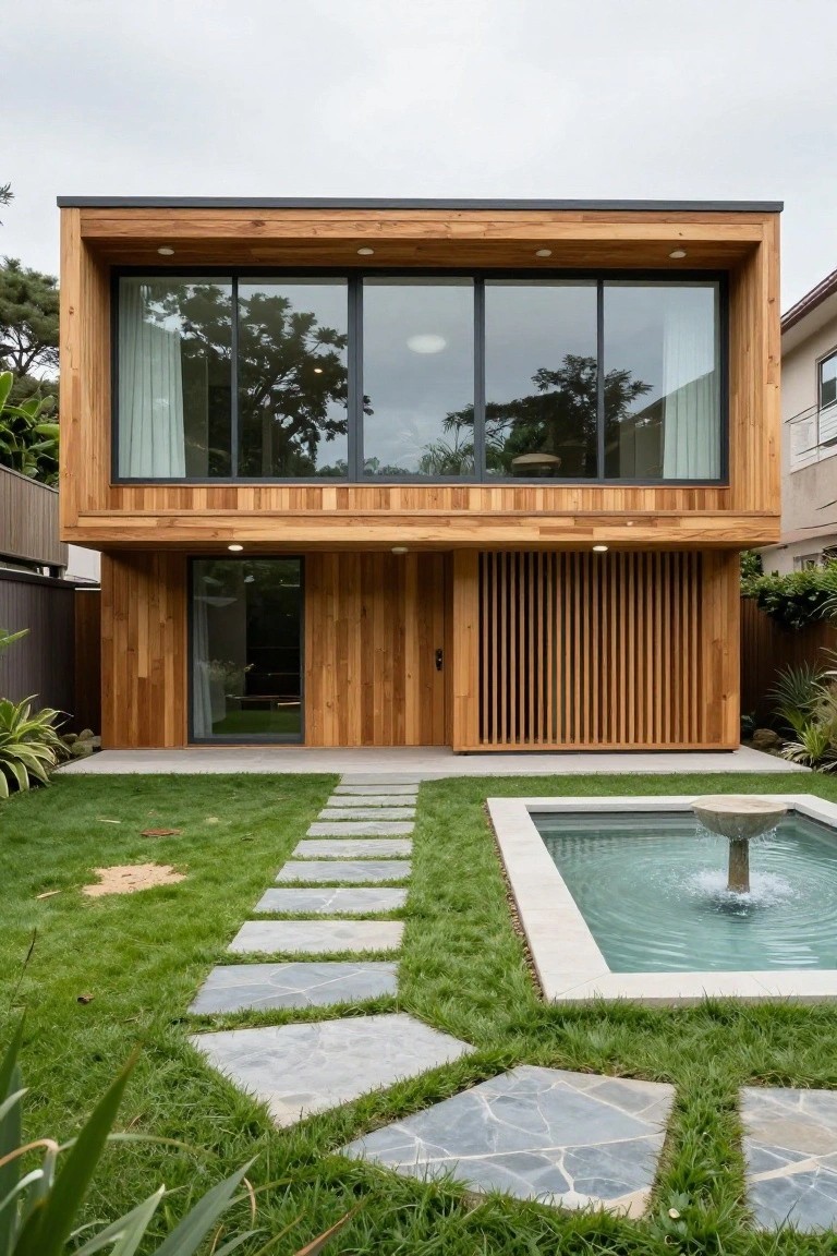 Two-story modern house with horizontal and vertical teak wood cladding, large floor-to-ceiling glass windows on the upper level, a side entry door, slatted wood screen, concrete patio, stone stepping path, small rectangular fountain, and surrounding grass and plants.