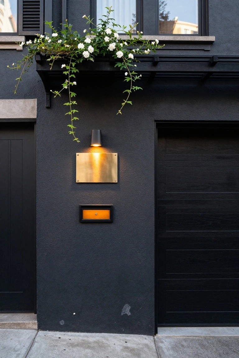 Dark stucco house exterior wall with black garage door and entry door, brass plaque illuminated by black wall light, small orange-lit nameplate below, and cascading white flowering vines from window box above.