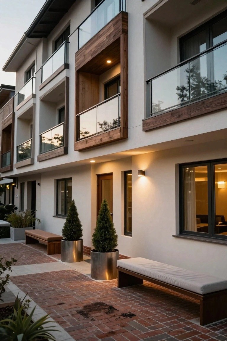 Multi-level modern townhouse exterior featuring white stucco walls, wood cladding on balconies and accents, glass railings, a wooden entry door, brick walkway, potted conifer trees, and cushioned benches.