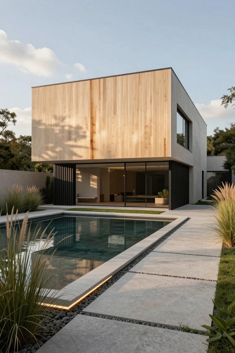 Modern corner view of a house with vertical light wood cladding on one side, white stucco and black-framed glass walls on the other, adjacent rectangular pool, pampas grass plantings, and pebble-edged concrete paving.