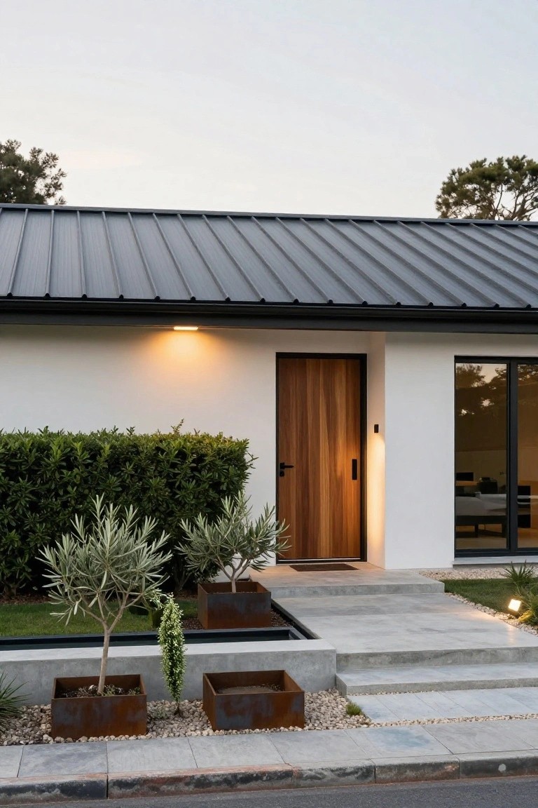 Modern single-story house exterior with white stucco walls, dark metal roof, black-framed glass door and window, light wooden entry door with black handle, illuminated wall light, concrete steps, corten steel planters with olive trees and other plants, boxwood hedge, and gravel path.