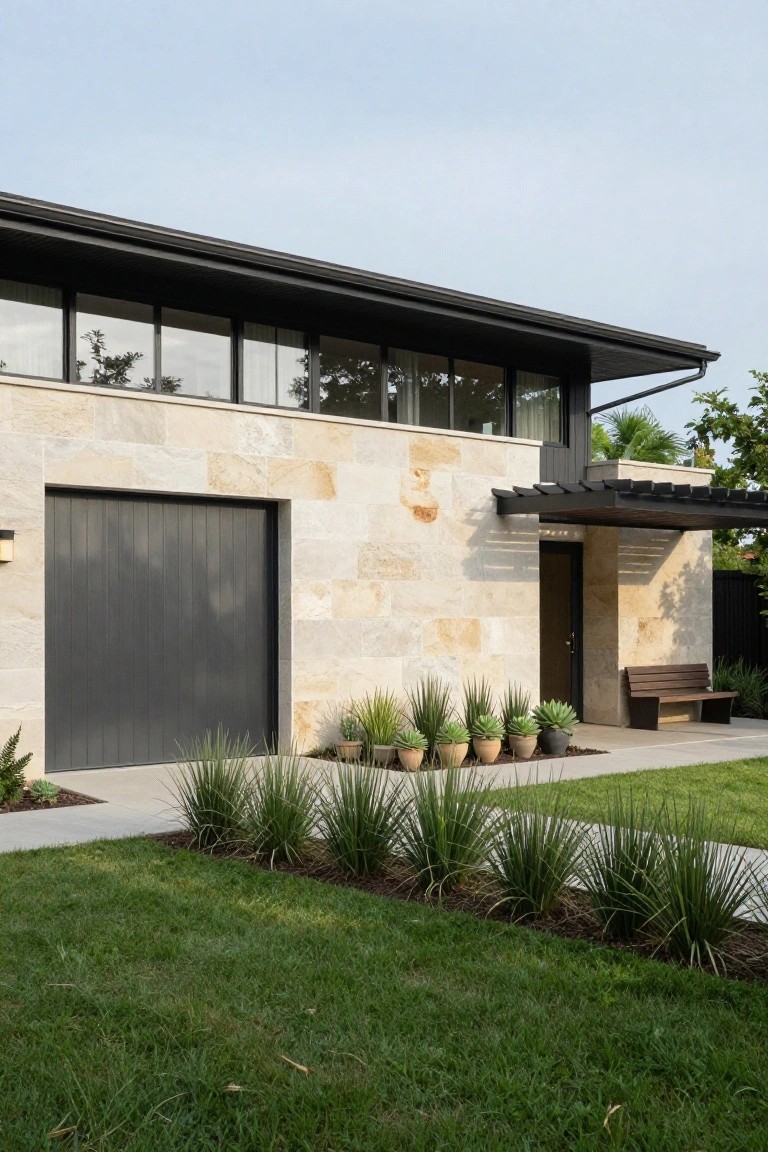 A one-story modern house exterior with light buff stone walls, black paneled garage door, dark metal roof edge and cantilevered canopy over the entry door, potted agave plants, wooden bench, grasses, and lawn in front.