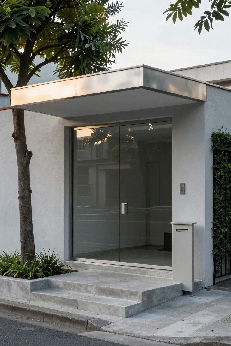 White modern one-story house facade with large floor-to-ceiling glass double doors under a protruding flat overhang, concrete steps, potted plants at base of tree, hedge, mailbox, and street curb.
