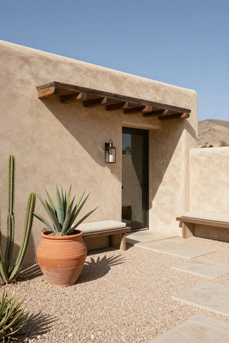 Beige adobe-style single-story house exterior featuring rounded walls, exposed wooden vigas over a black glass door, wall lantern, wooden bench, large terracotta pot with agave, potted cacti, gravel ground with stone steps, and desert mountains in the background.