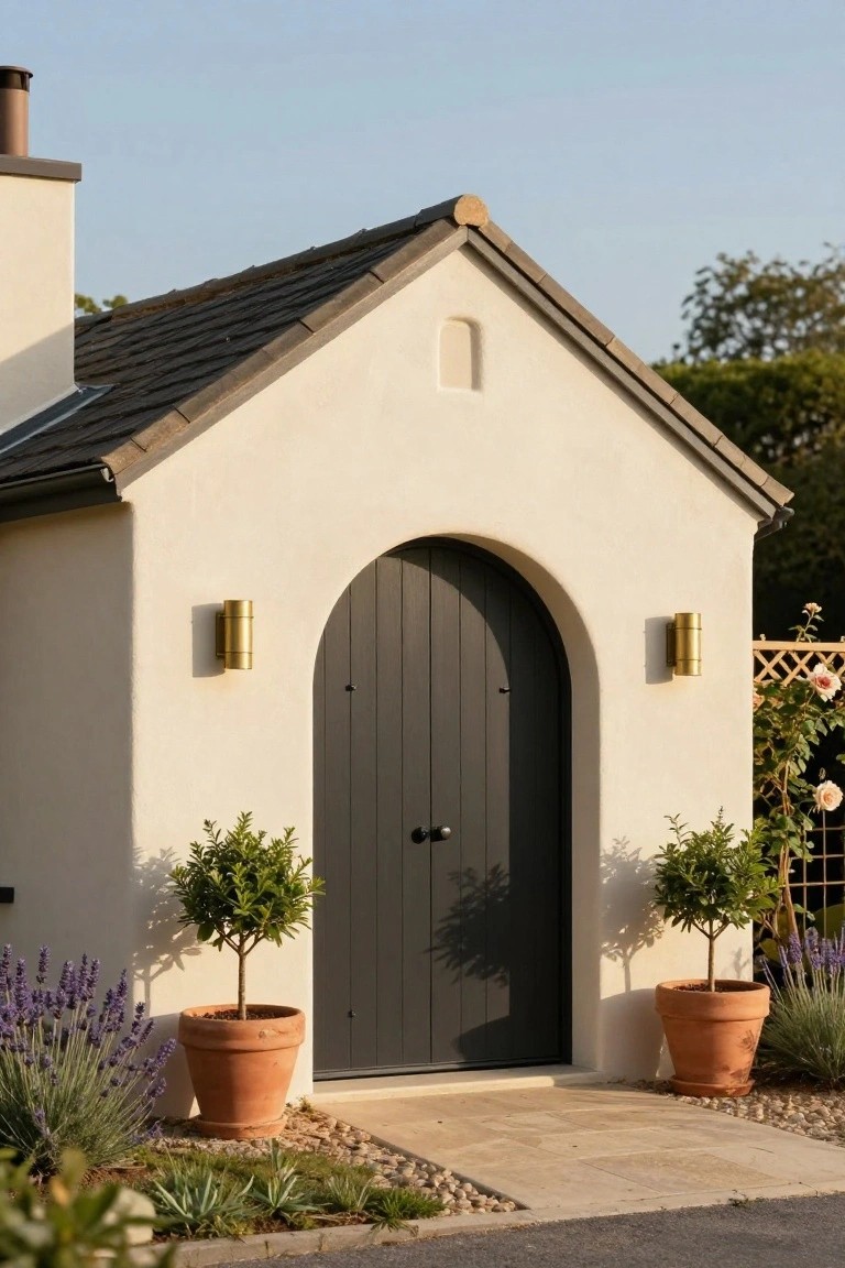 White stucco outbuilding with black arched wooden double door, gold cylindrical wall lights, potted trees, lavender plants, and gravel path in front.