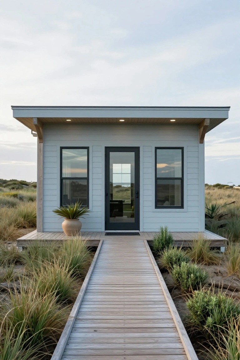 A small one-story gray house with black-framed windows and glass door elevated on a wooden deck, approached by a straight boardwalk path through dune grasses and plants.