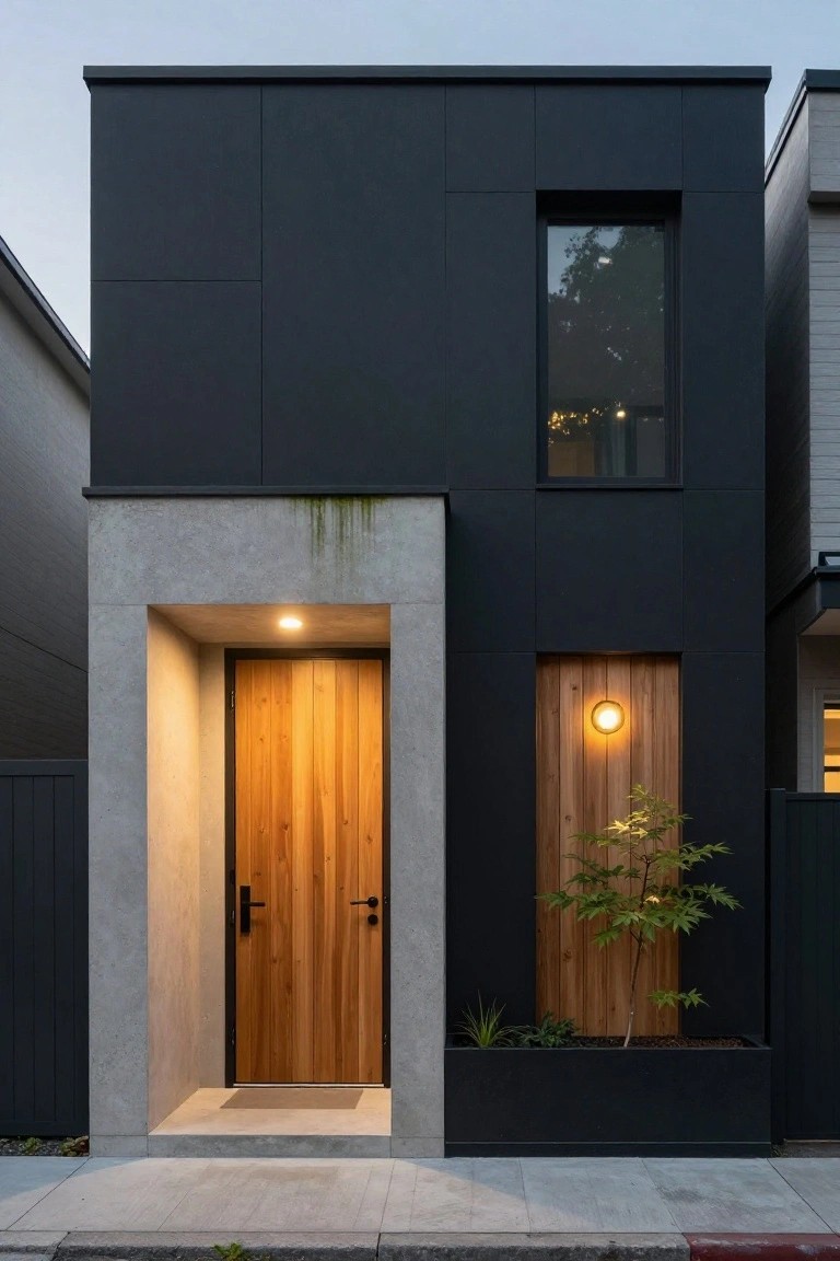 Narrow modern house facade with black cladding on upper stories, concrete entry porch, wooden front door, wall-mounted light, small tree planter, and fence along sidewalk.
