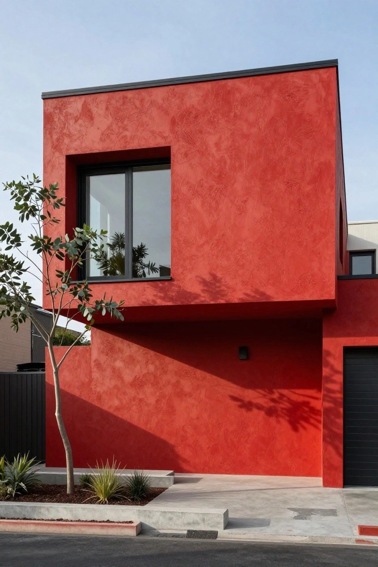 Red stucco modern house facade with black-framed window, black garage door, young tree, agave plants, and concrete entry path.