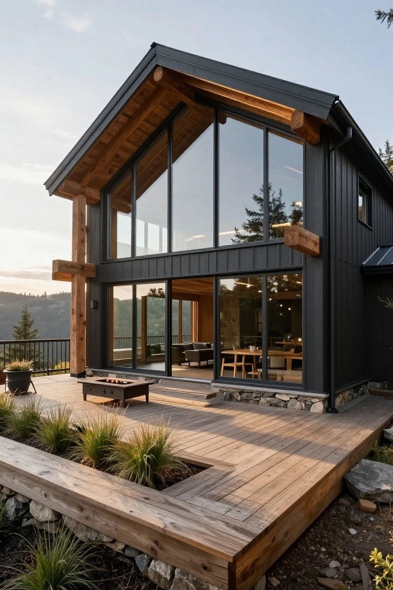 Modern two-story house with black vertical siding, exposed wooden beams, large glass windows and doors, wooden deck with fire pit, and surrounding landscaping on a hillside overlooking trees at dusk.