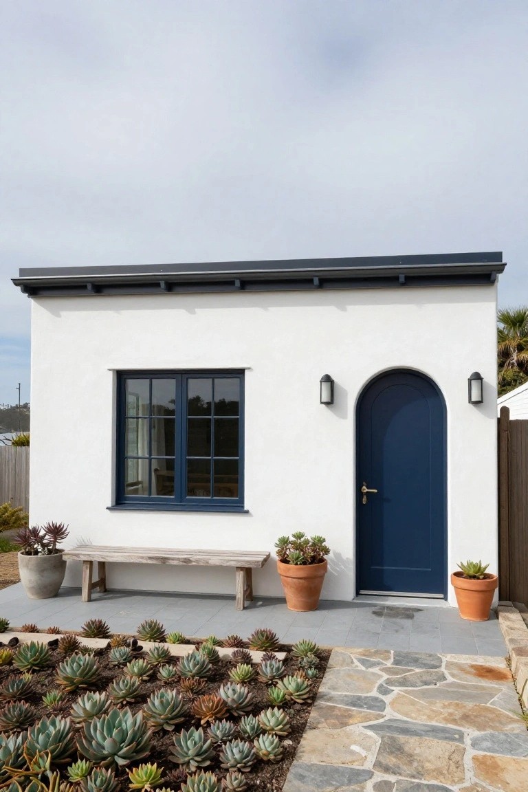 Small white stucco building with navy blue arched front door, matching window frame, wall lanterns, wooden bench, potted plants, and succulent garden on concrete pad with stone path edging.