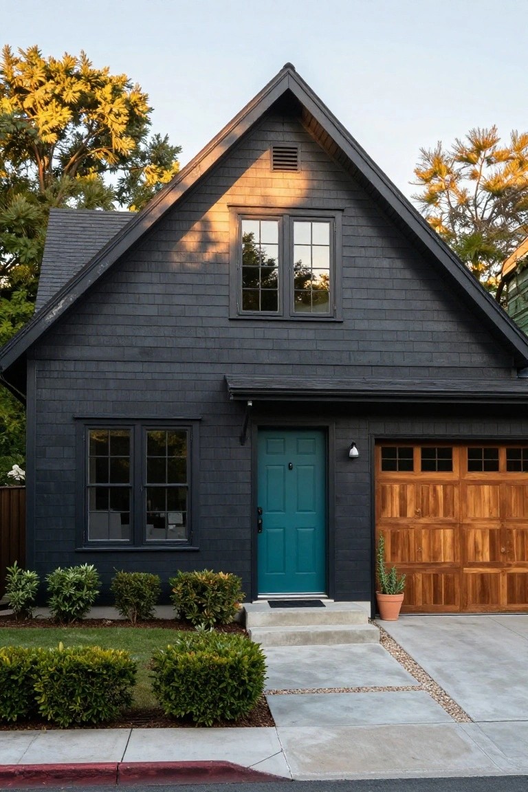 Black shingle-sided house exterior with teal front door, wooden garage door, front steps, shrubs, and gravel path.