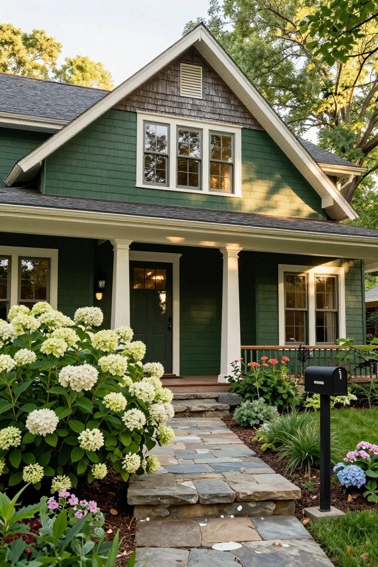 Front view of a two-story green shingle-sided house with white trim, gabled roof, covered porch supported by columns, dark front door, stone pathway, and surrounding plants including white hydrangeas and a black mailbox.