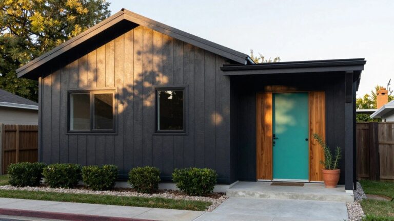 21 Modern House Exterior Paint Colors That Transform Any Home Black shingle-sided house exterior with teal front door, wooden garage door, front steps, shrubs, and gravel path.
