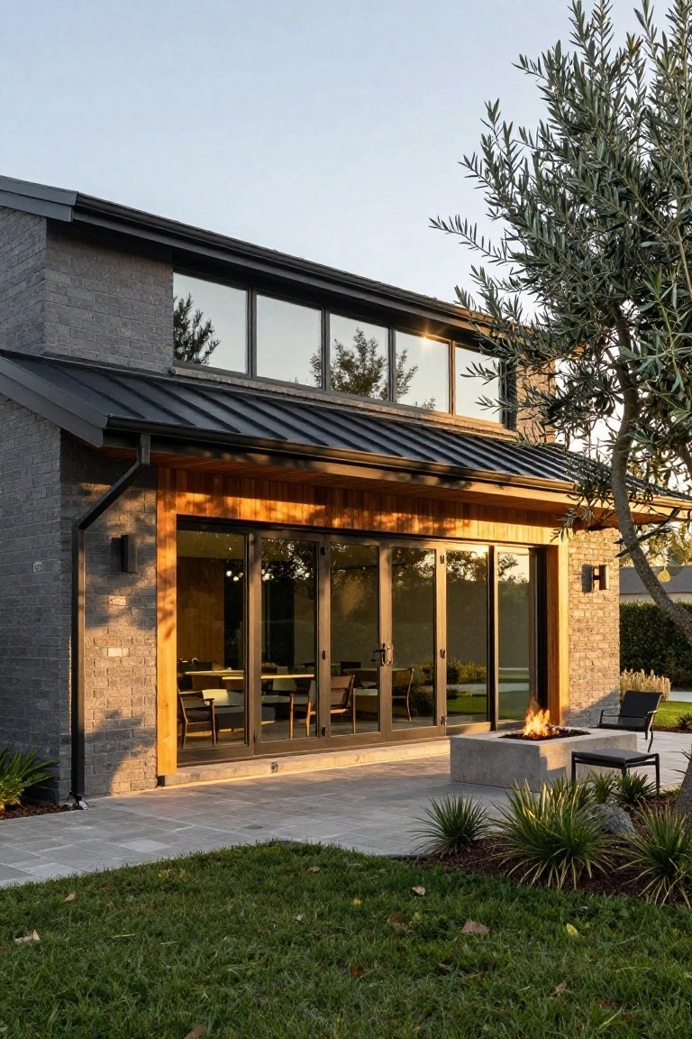 Side view of a modern gray brick house with black standing-seam metal roof, wooden beam overhang above large black-framed glass sliding doors, opening to a stone patio with concrete fire pit, chairs, potted plants, olive tree, and grassy lawn.