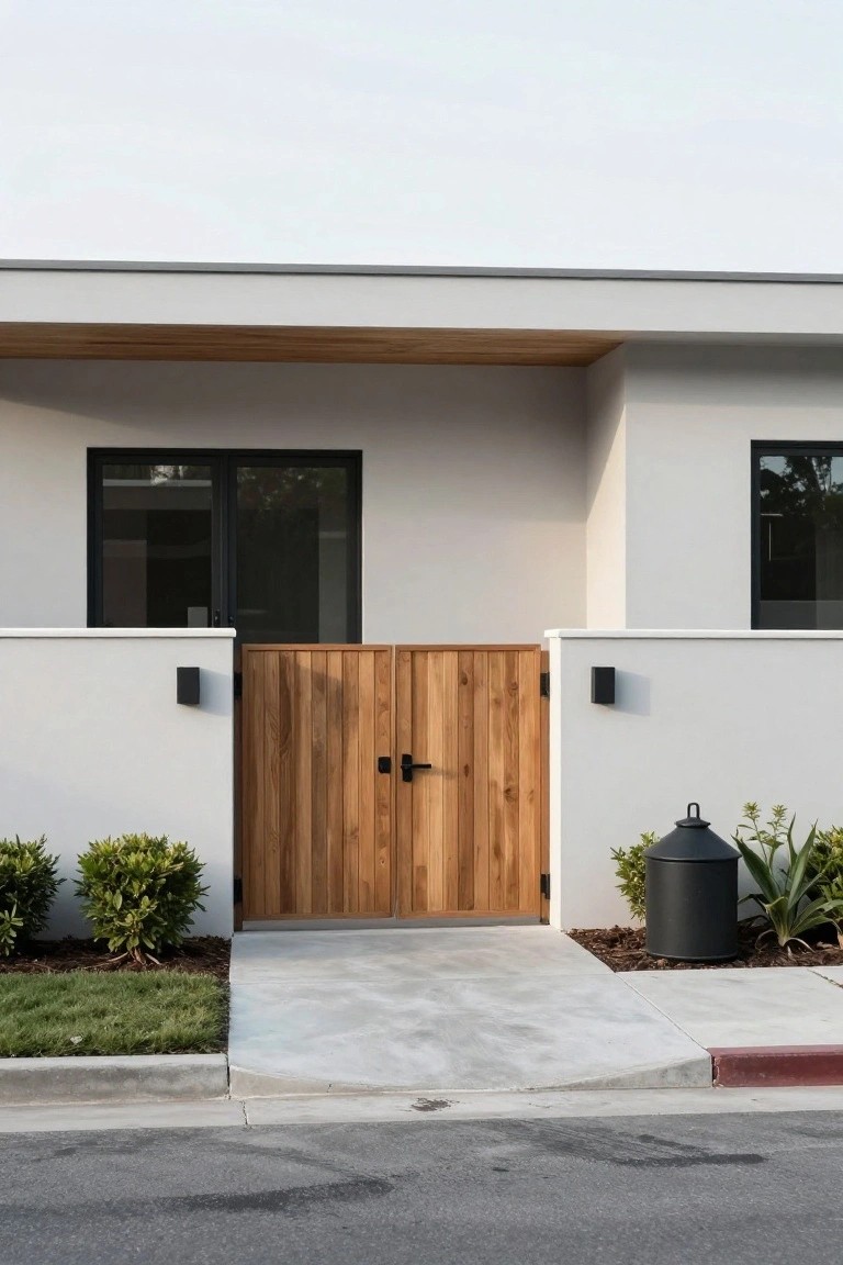 Modern house facade with light stucco walls, wooden double gate entry flanked by boxwood shrubs, black-framed windows and lights, agave plants, black trash bin, concrete pathway, and street curb.