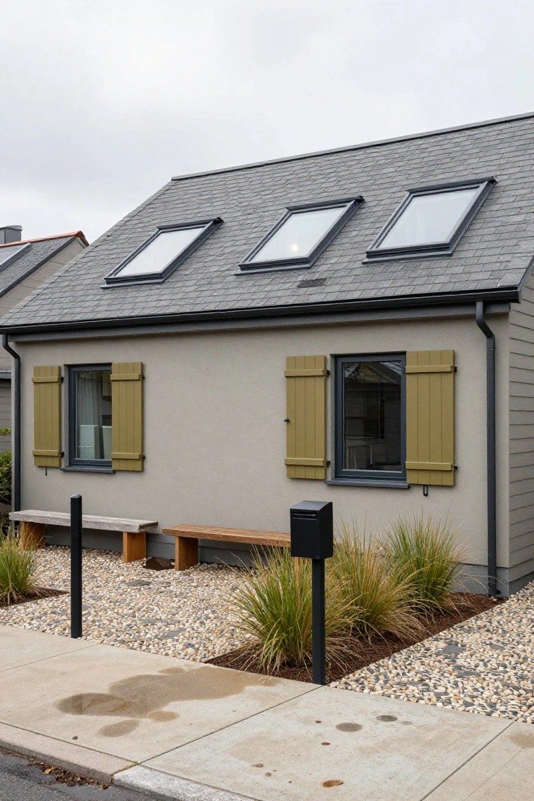 Side view of a modern house with light taupe siding, green shutters on black-framed windows, dark slate roof with four skylights, gravel yard planted with ornamental grasses, a wooden bench, and a black mailbox.
