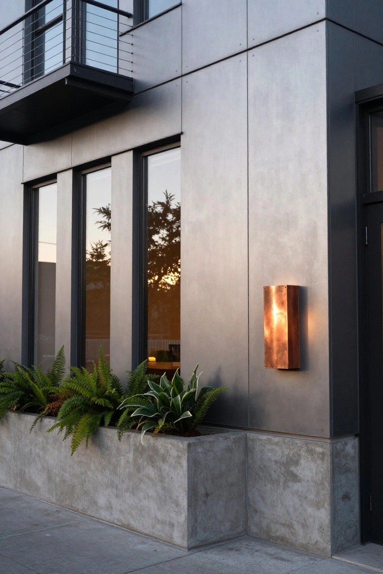 Modern house exterior with vertical matte grey metal panels, black-framed windows reflecting trees, copper rectangular wall light, concrete planter box containing ferns and agave plants, balcony with glass railing, and concrete base along a sidewalk.
