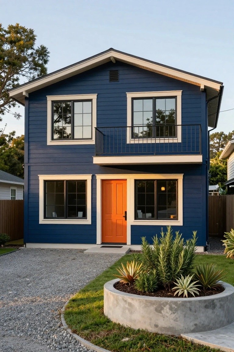 Front exterior of a two-story navy blue house with white trim, large white-framed windows, black metal balcony railing, orange front door, gravel driveway, and concrete planter with agave and rosemary plants.