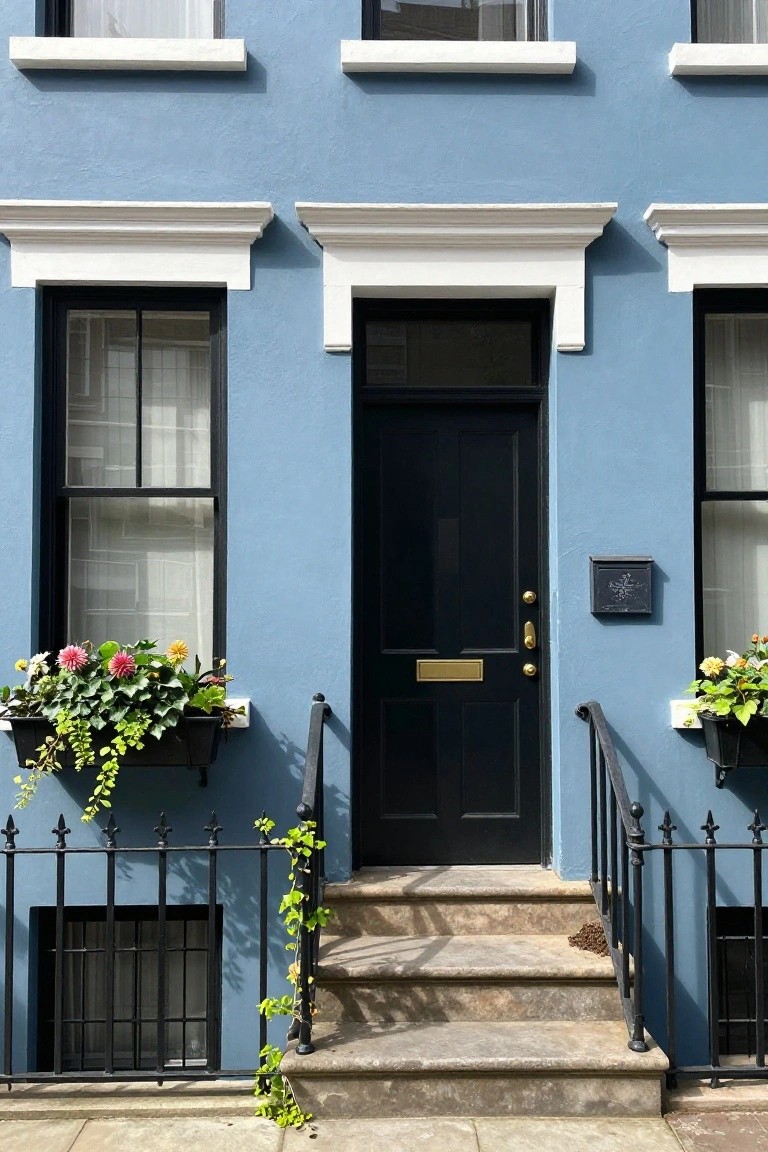 Blue painted townhouse facade with black front door, brass letterbox and knocker, white trim around windows and door, flower boxes with plants, iron railing, and stone steps.