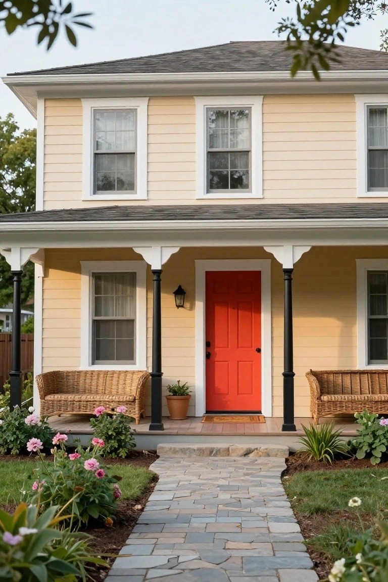 Two-story house with pale yellow siding, white trim, gabled roof, red front door between black porch columns, wicker chairs on porch, potted plants, flower beds, and stone pathway.