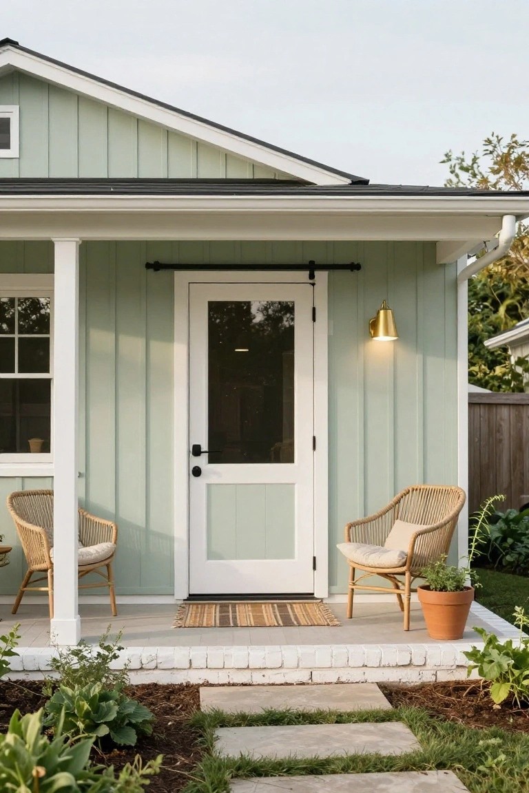 Light green shiplap-sided house exterior with white porch columns, glass-paneled barn-style door, rattan chairs with cushions, potted plant, and stone path leading to the entry.