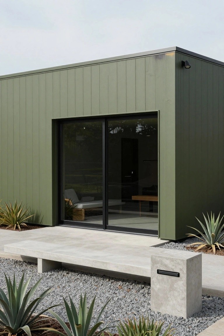 Modern rectangular house with sage green vertical siding, large black sliding glass doors, concrete bench and pedestal in front, gravel ground, and agave plants nearby.