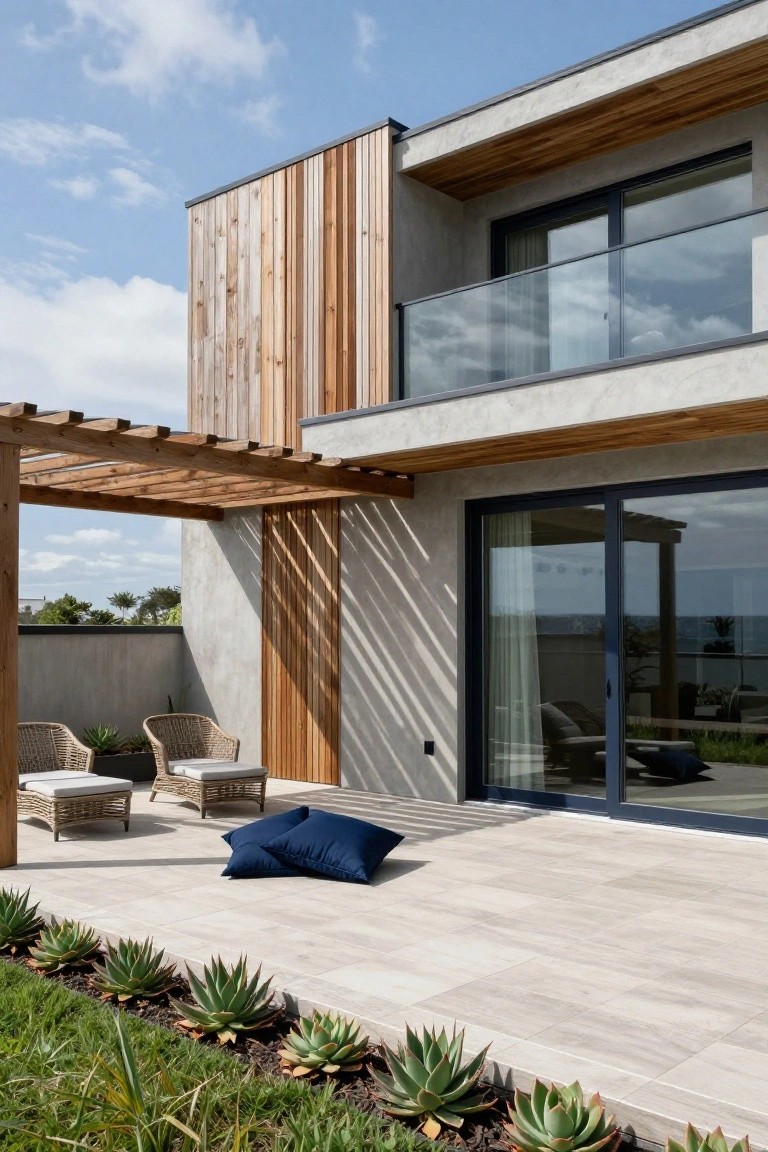 Modern two-story house exterior featuring light gray walls, vertical wood cladding on one side, glass balcony railing, wooden pergola over a patio with rattan chairs, blue pillows, agave plants, and pavers adjacent to grass and ocean view.