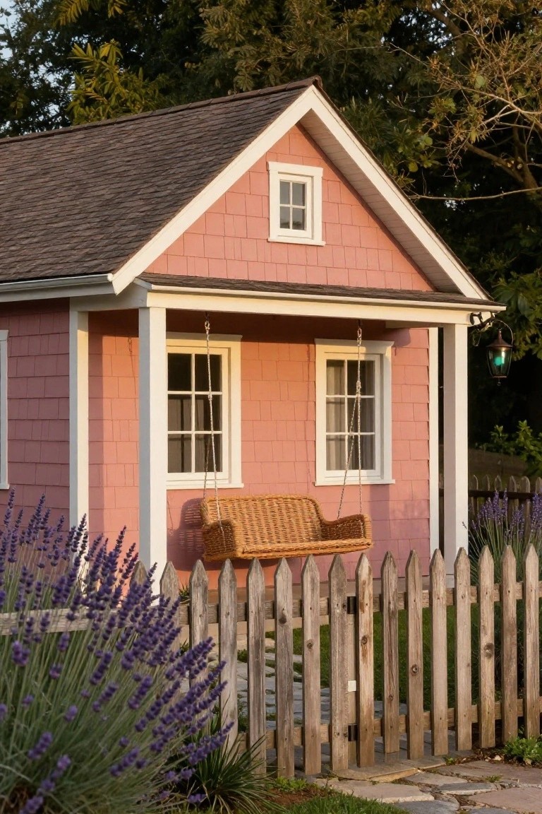 Small pink shingled cottage with white trim, gabled roof, porch swing, windows, picket fence, lavender plants, and stone path in a garden.