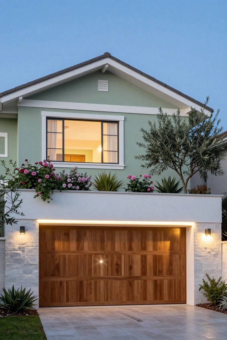 Front view of a two-story house exterior painted pale green with white trim, featuring a wooden garage door, balcony with pink flowers and agave plants, an olive tree, and stone accents on a tiled driveway at dusk.