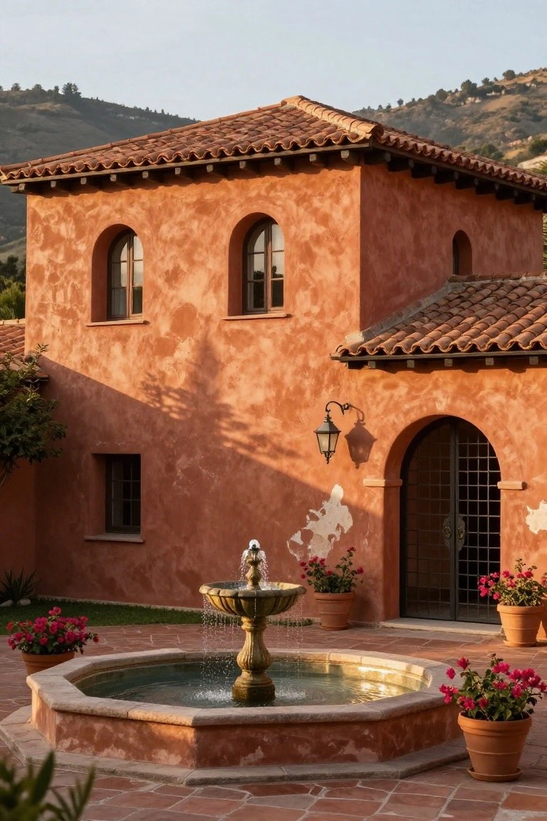 Terracotta stucco house with red tile roof, arched windows, wooden door with metal grille, central stone fountain, potted red flowers, and tiled courtyard in front of hills.