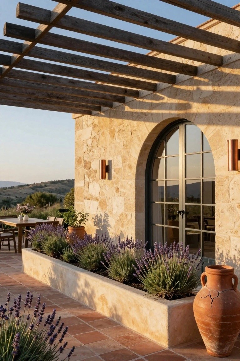 Textured beige stone wall with copper wall lights flanking an arched glass door, wooden pergola overhead, raised planter box filled with lavender along a terracotta-tiled terrace, outdoor dining table with chairs, large terracotta urn, and hillside view in late afternoon light.