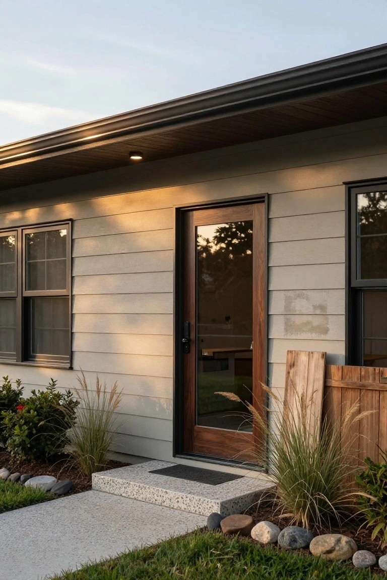 House exterior showing light gray horizontal siding, glass-paneled walnut front door with black frame, black-framed windows, concrete steps, and landscaping with ornamental grasses and rocks along a walkway.
