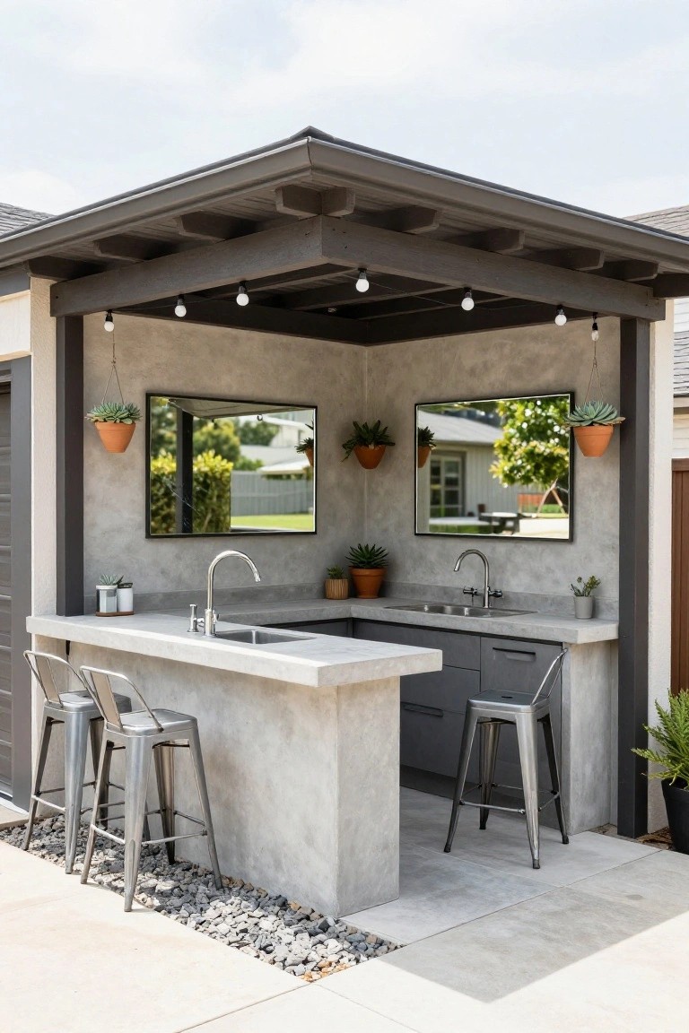Corner outdoor bar under a dark wood pergola next to a garage, with gray concrete countertop and sink, metal bar stools, potted plants, mirrors on stucco walls, and string lights.