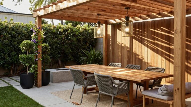 Wooden pergola covering a rectangular dining table with rattan chairs on a concrete patio, next to a linear gas fire pit, potted plants, and wooden fence.
