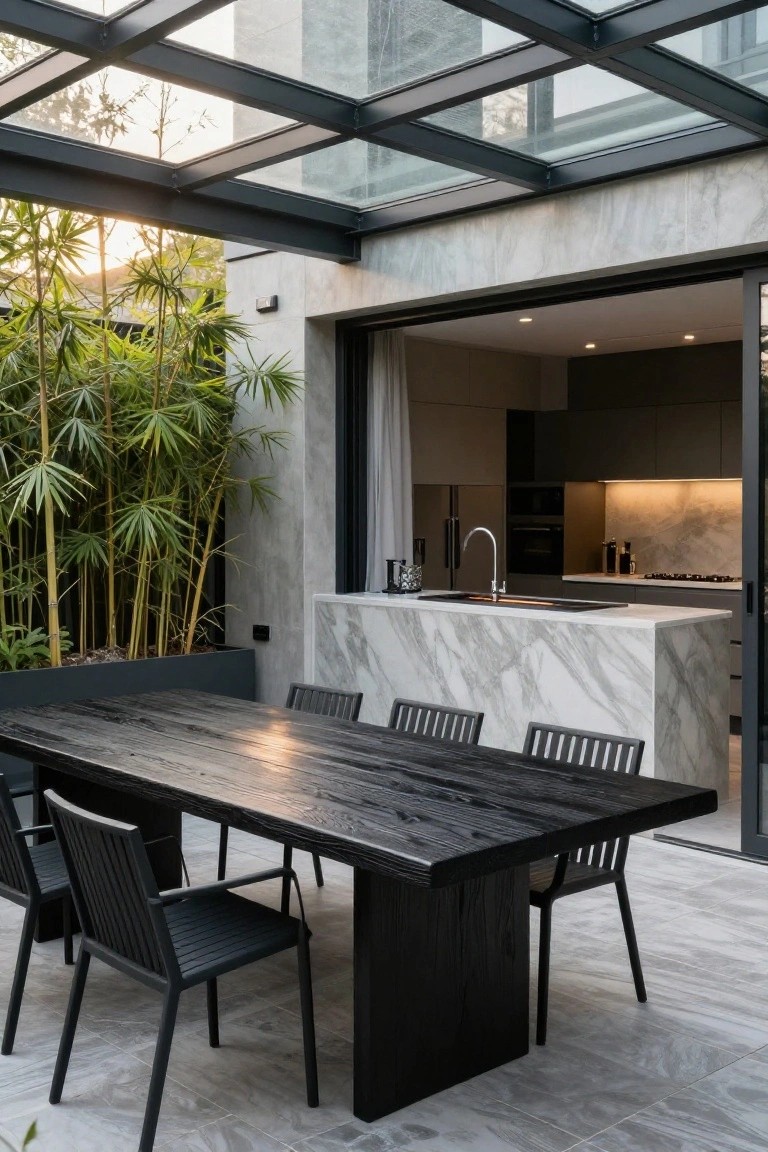 Outdoor dining table with black wooden top and gray chairs under a glass-roofed metal pergola adjacent to a modern kitchen featuring a white marble island and tall bamboo plants in a large planter.
