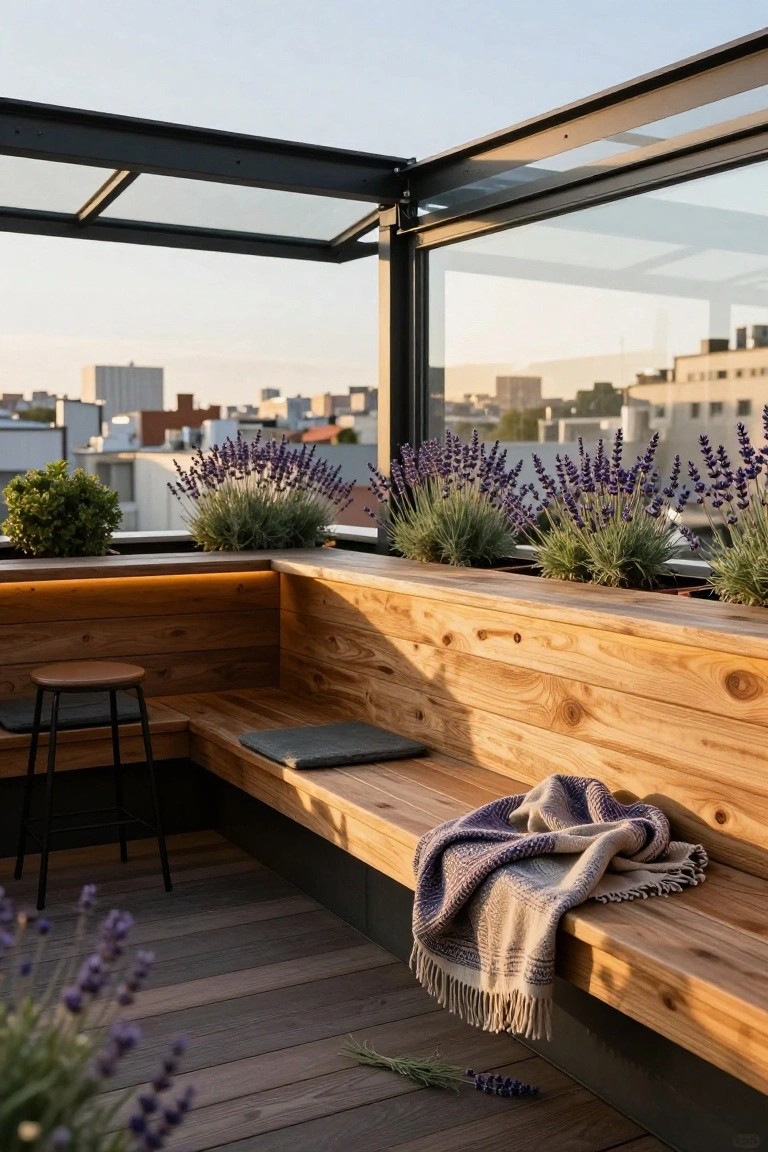 Rooftop terrace featuring a wooden built-in bench with cushions and a folded blanket, surrounded by lavender plants in planters, under a frameless glass pergola with city buildings in the background.