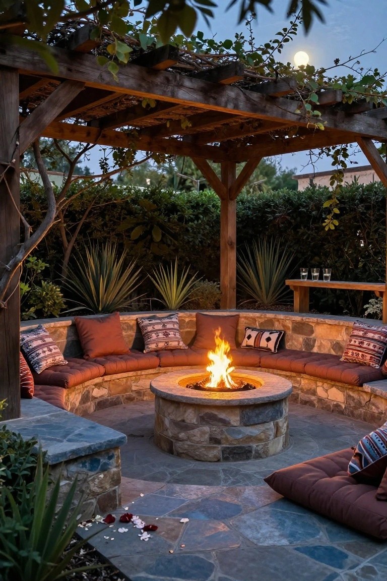 Wooden pergola covered in vines over curved stone bench seating with cushions and pillows around a lit central gas fire pit on a flagstone patio surrounded by agave plants.
