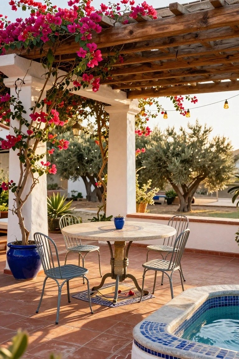Wooden pergola covered in pink bougainvillea vines over a round stone table with four metal chairs on a terracotta patio near a small blue-tiled pool, with olive trees and blue pots in the background.