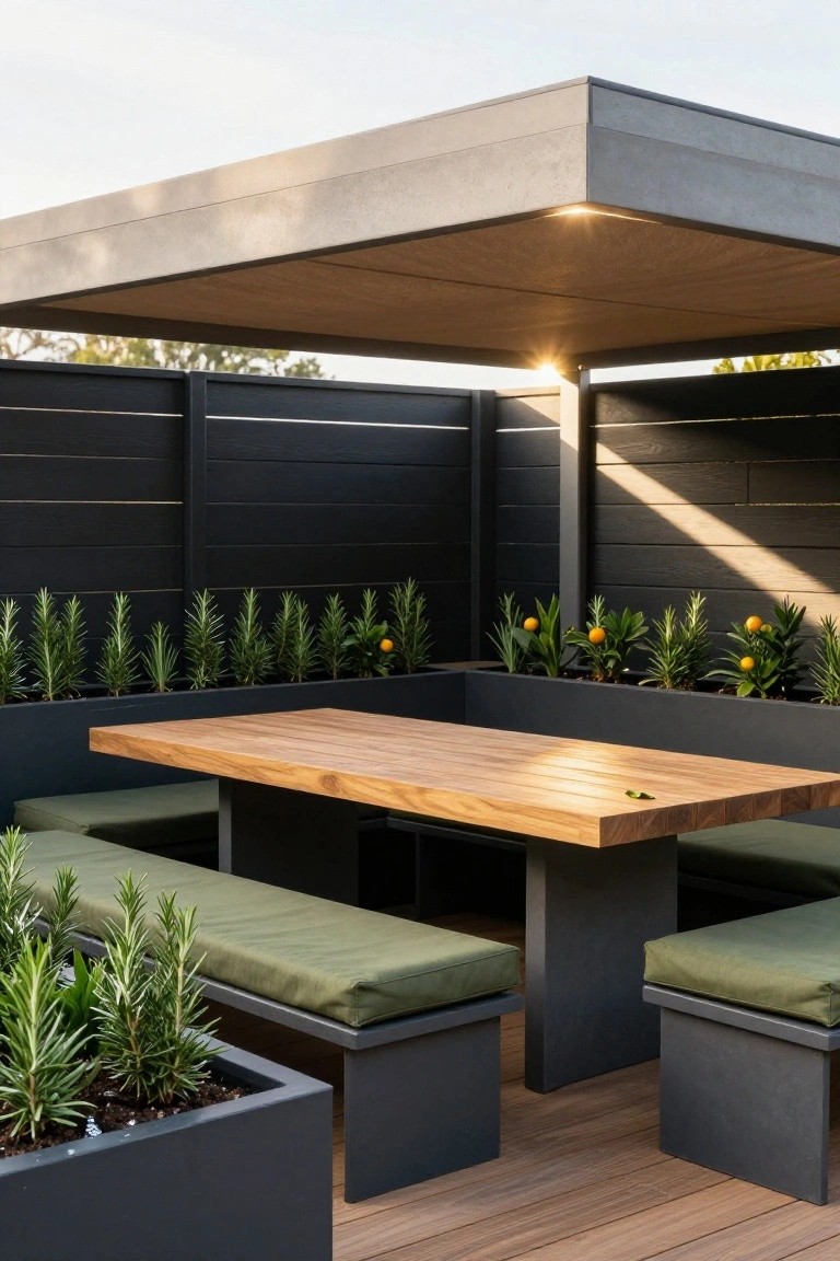 Outdoor deck with pergola-covered wooden dining table, black metal L-shaped benches with green cushions, black privacy screens, and planters of rosemary and calamondin orange trees.