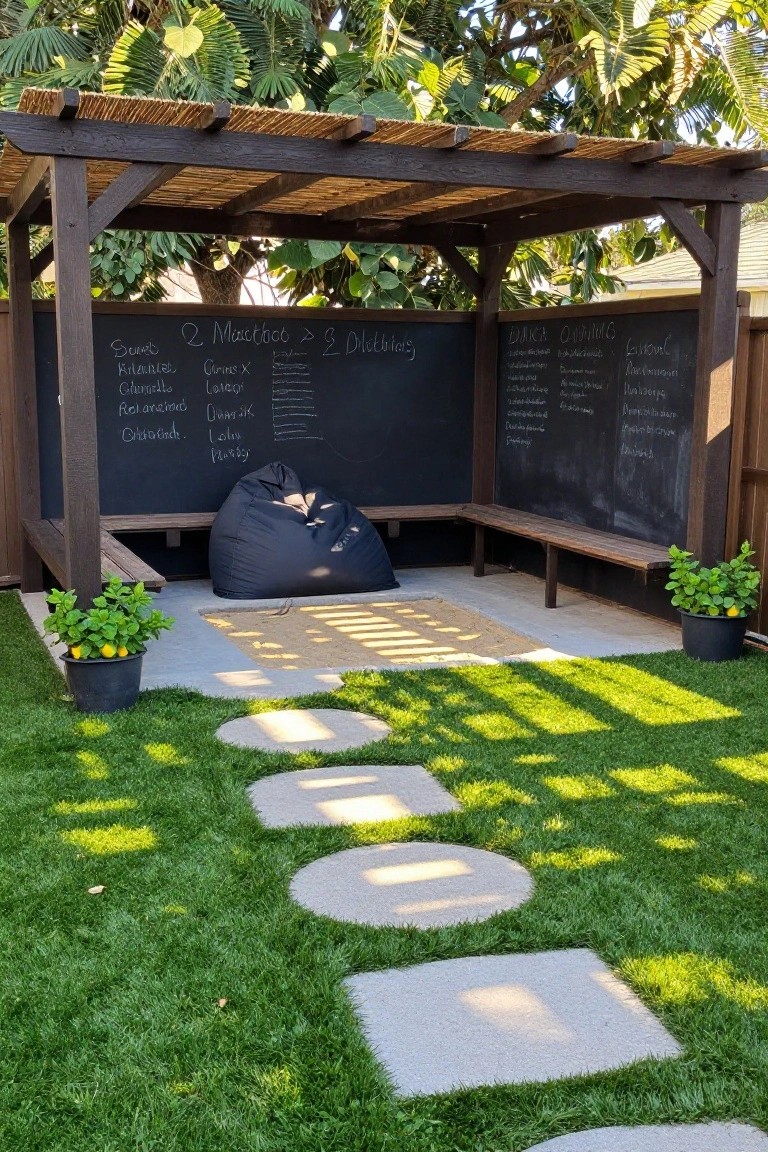 Wooden pergola with thatched roof shading a seating area featuring black bean bags, wooden benches, and chalkboard walls covered in handwriting, with potted plants, grass, and stepping stone path in a backyard.
