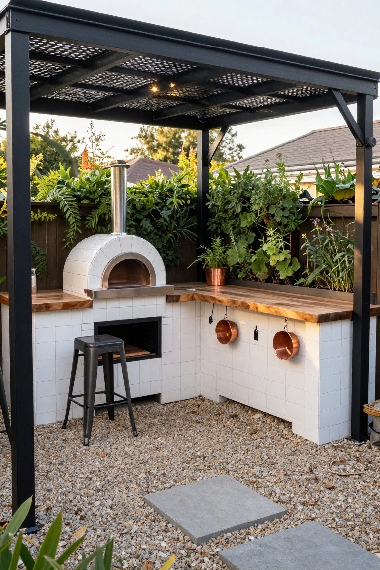 Black metal pergola with lattice roof covering a white wood-fired pizza oven integrated into a white-tiled outdoor kitchen counter with wooden top, black bar stools, hanging copper pots, surrounded by green plants and gravel ground.