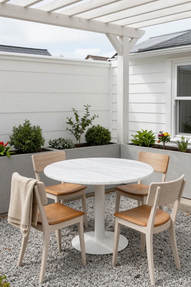 Round white marble dining table with four light wood chairs upholstered in tan leather under a white wooden pergola on gravel patio surrounded by concrete planters with shrubs and plants next to white exterior walls.