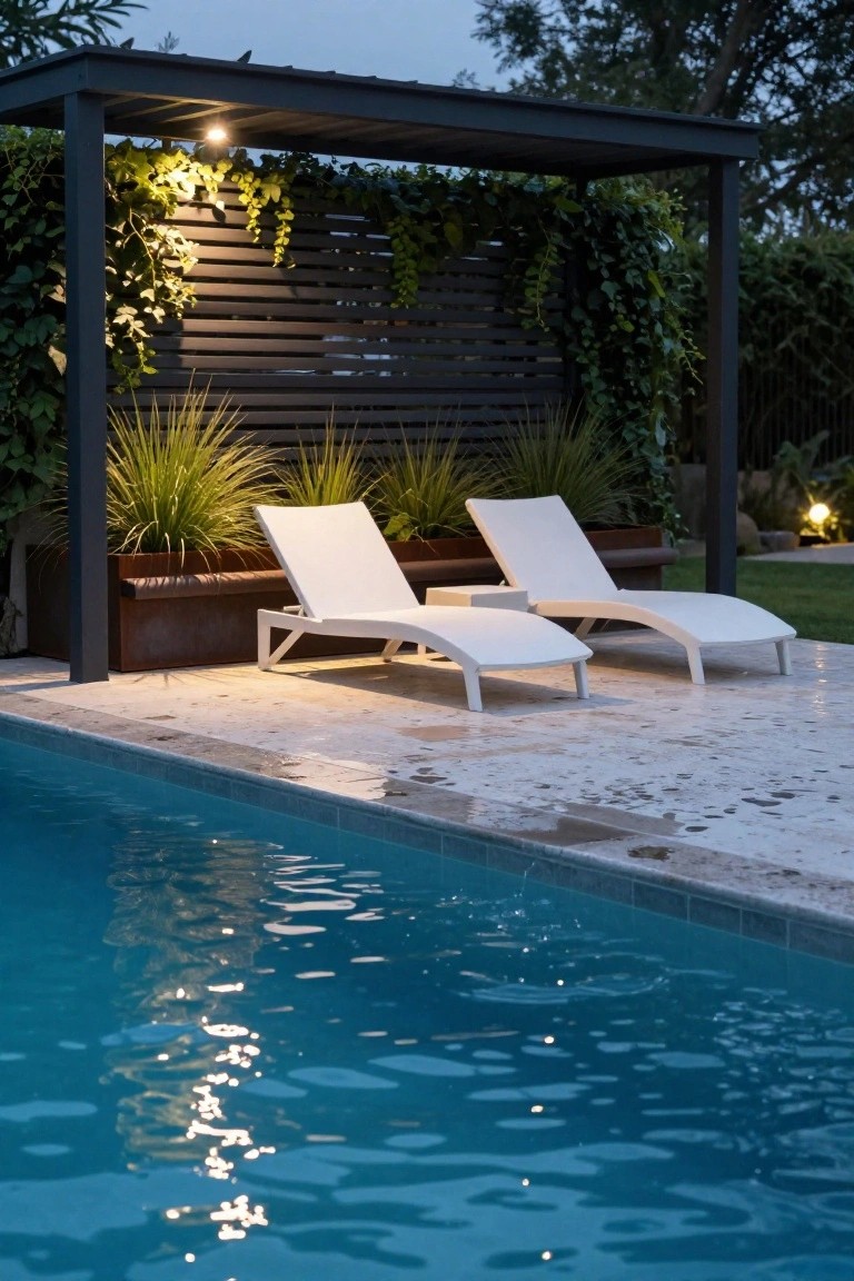 Dark pergola structure with climbing vines and grasses in metal planters beside a blue pool, two white lounge chairs positioned underneath on a light tiled patio at dusk.