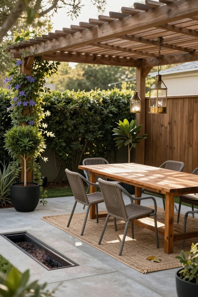 Wooden pergola covering a rectangular dining table with rattan chairs on a concrete patio, next to a linear gas fire pit, potted plants, and wooden fence.