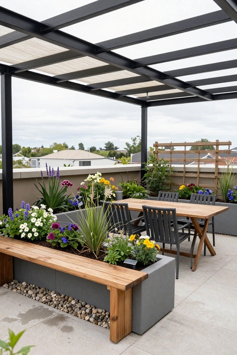 Rooftop terrace under black metal pergola with beige sail shade, wooden dining table and chairs, benches with built-in planters filled with flowers and grasses, gray planters, and pebble edging on concrete surface.