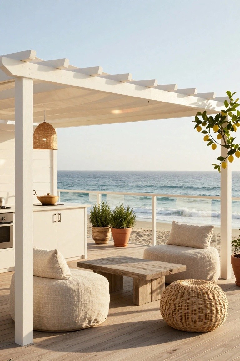 White pergola covering an outdoor kitchen with cabinets, cooktop, and bowl on counter, plus cushioned pouf seating around a low wooden table on a deck overlooking the ocean, with potted plants and hanging rattan lamp.