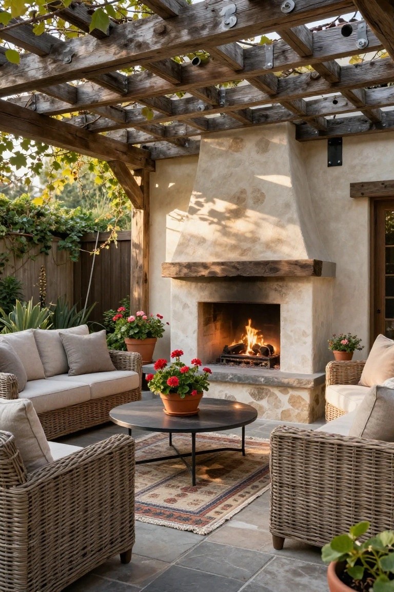 Wooden pergola covered in green vines shading an outdoor stone fireplace with burning logs, surrounded by wicker furniture, potted plants, and a round black metal coffee table on a slate patio floor.