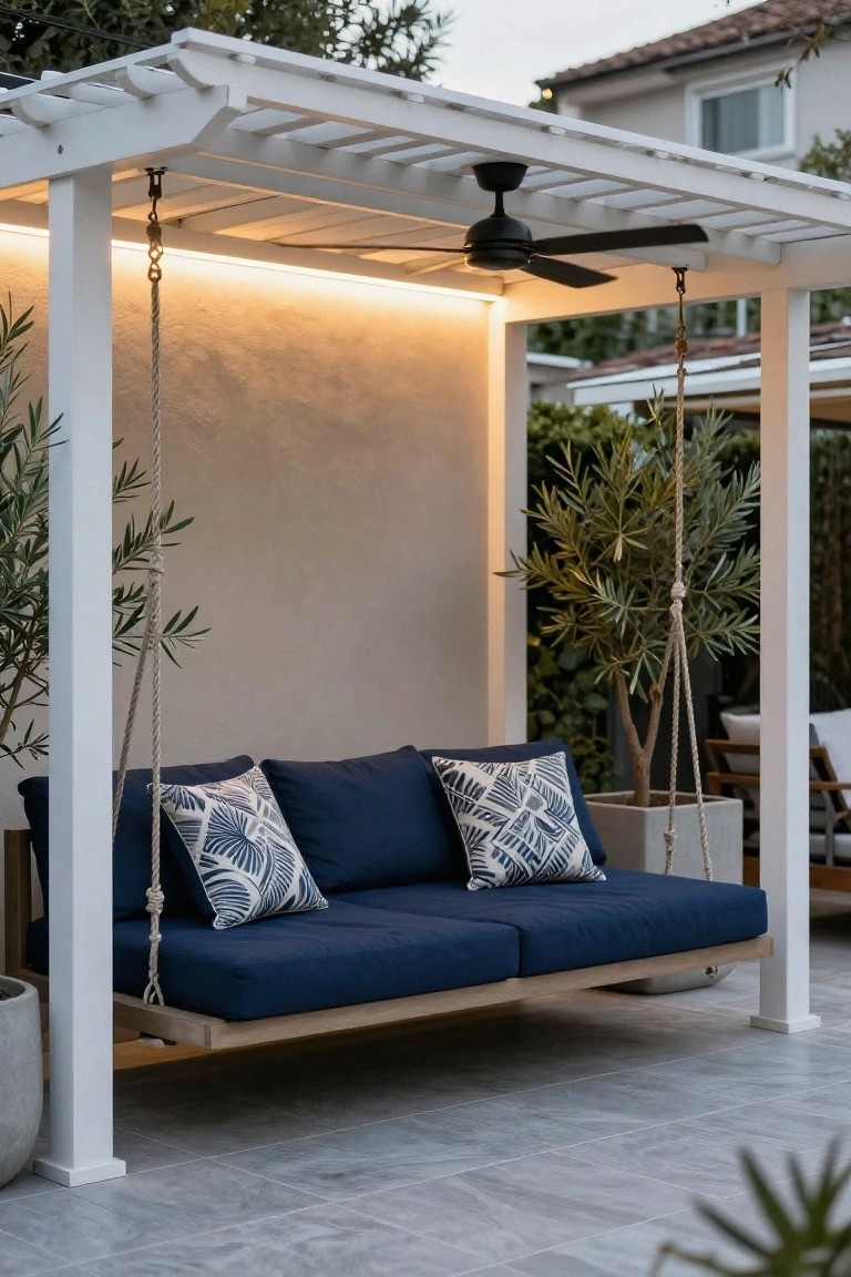 White wooden pergola with a navy blue cushioned swing sofa hanging from ropes, black ceiling fan, olive trees in suspended pots, LED strip lighting, and gray tiled patio floor.
