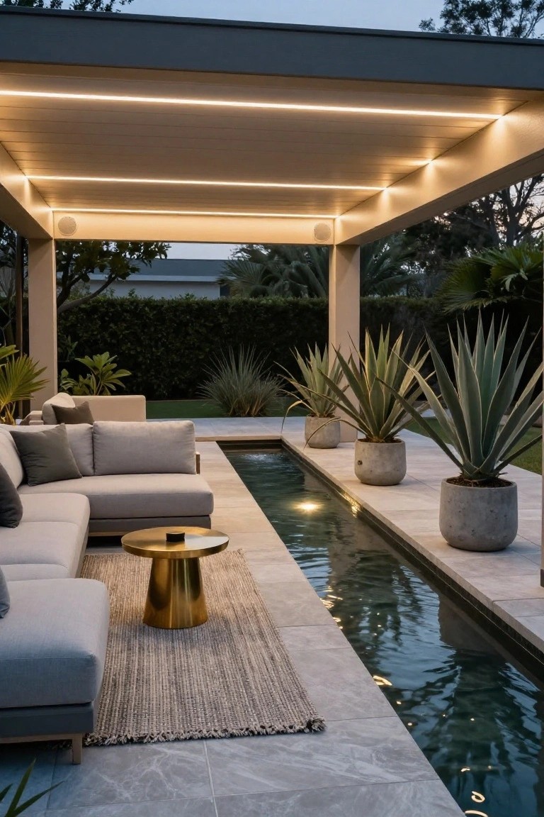 Modern covered outdoor lounge under a pergola with recessed LED strip lights in the ceiling, gray L-shaped sofa with cushions, gold pedestal side table, woven rug, potted agave plants, and narrow reflecting pool with underwater lights on gray tiled patio.